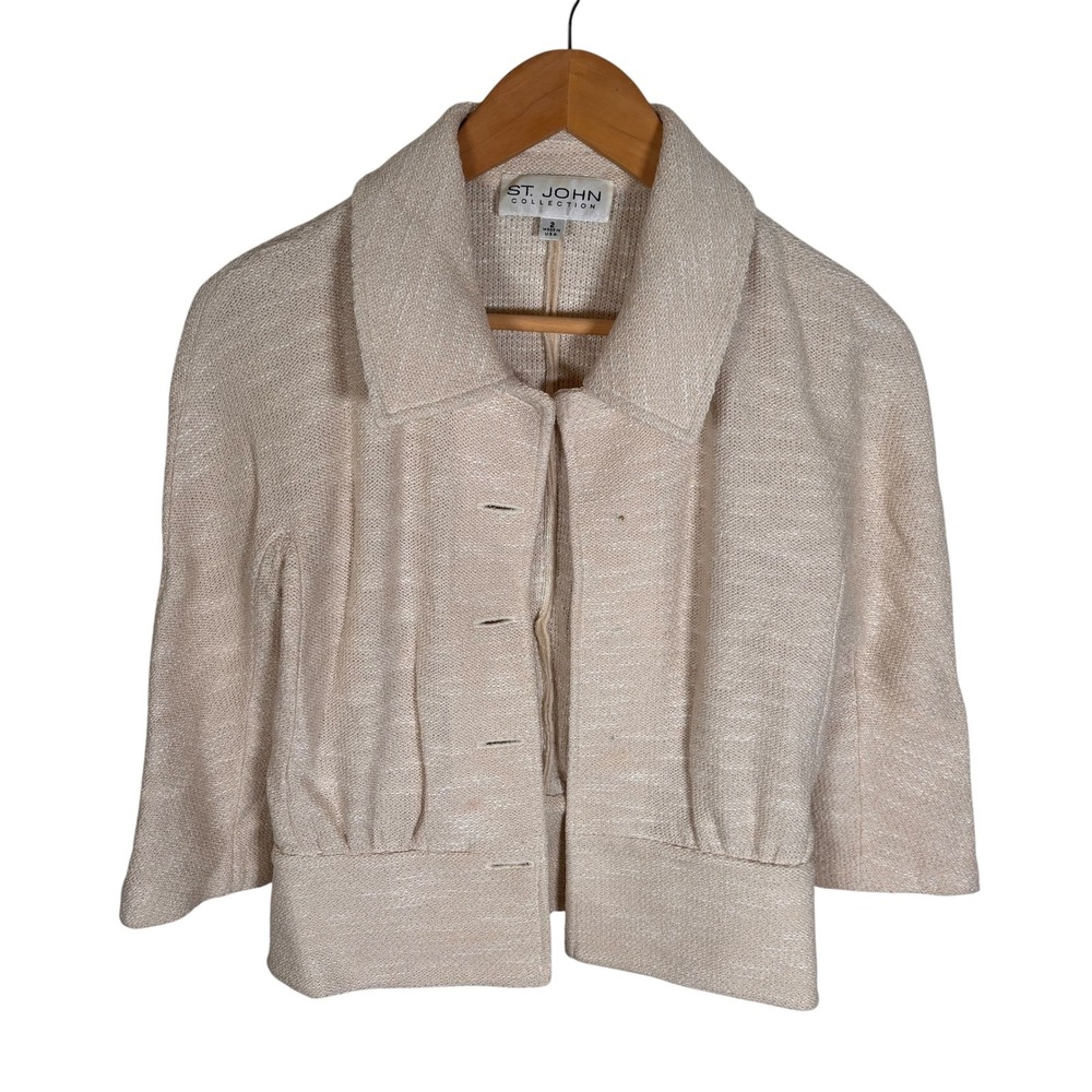 St John Collection Womens Beige Santana Knit 3/4 Sleeve Jacket Size 2 USA
